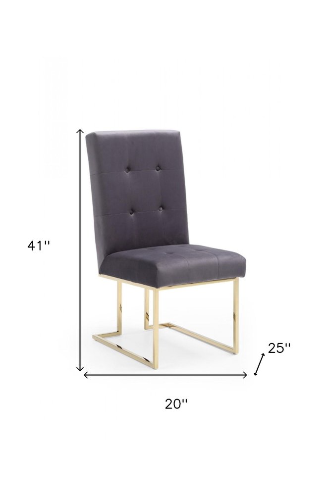 Set of Two Tufted Gray and Gold Upholstered Fabric Dining Side Chairs