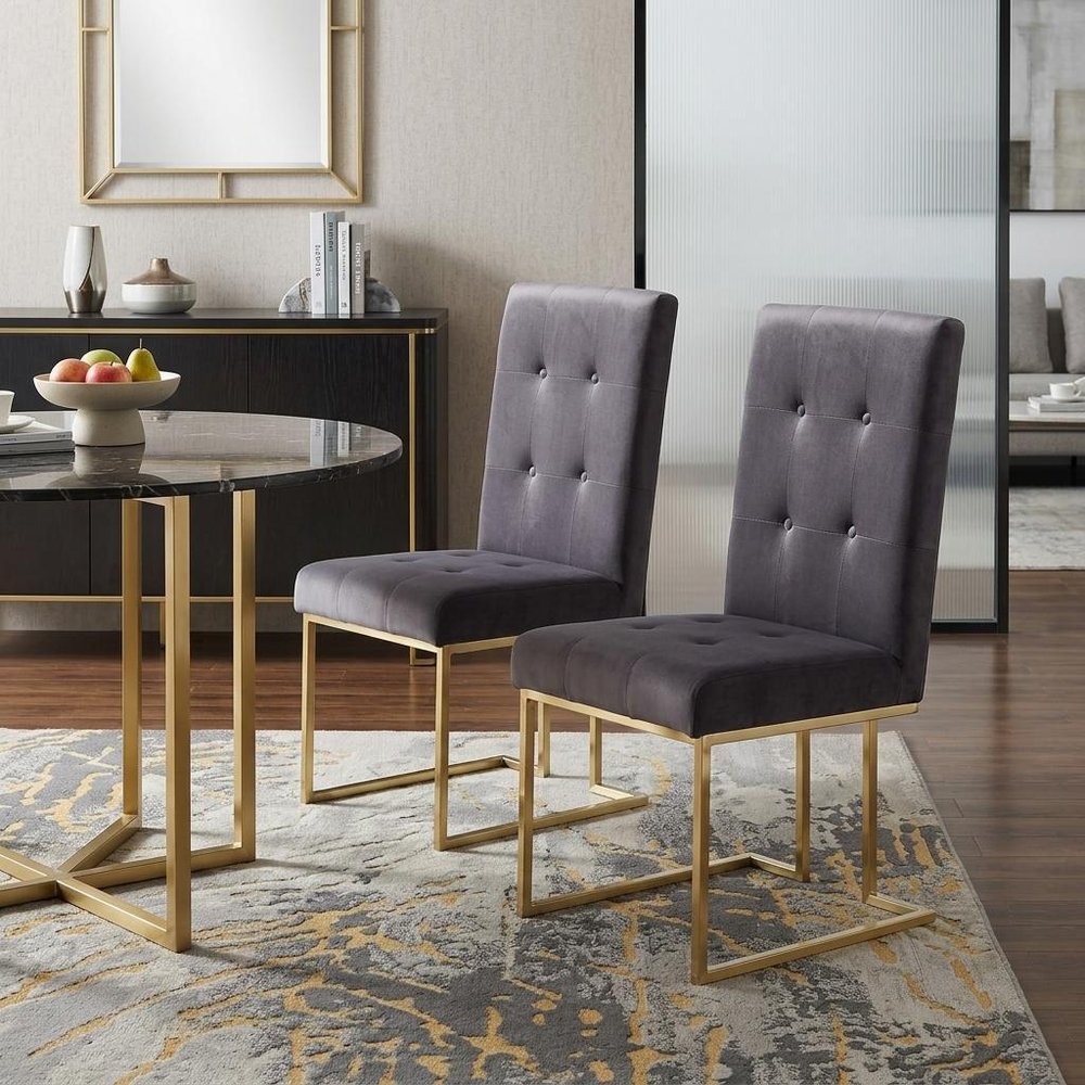 Set of Two Tufted Gray and Gold Upholstered Fabric Dining Side Chairs