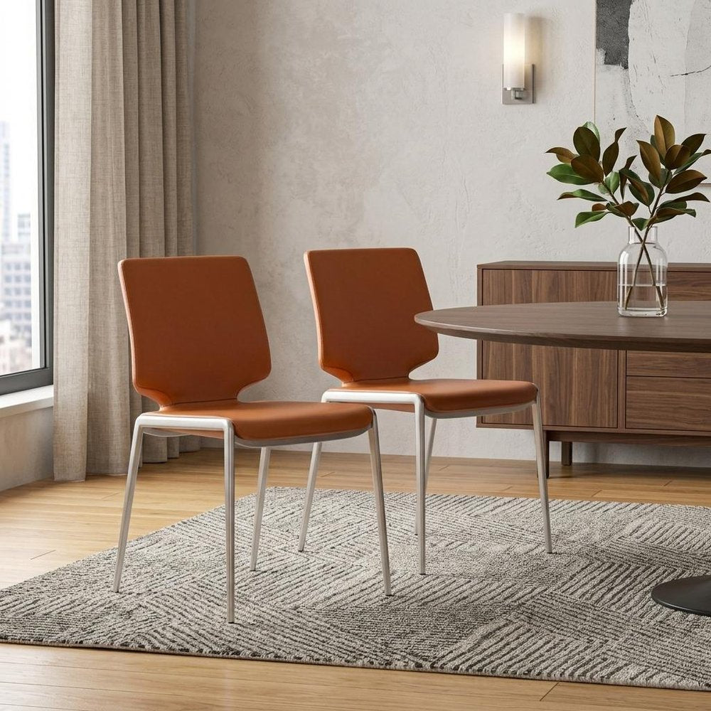 Set of Two Terra Cotta and Silver Upholstered Faux Leather Dining Side Chairs
