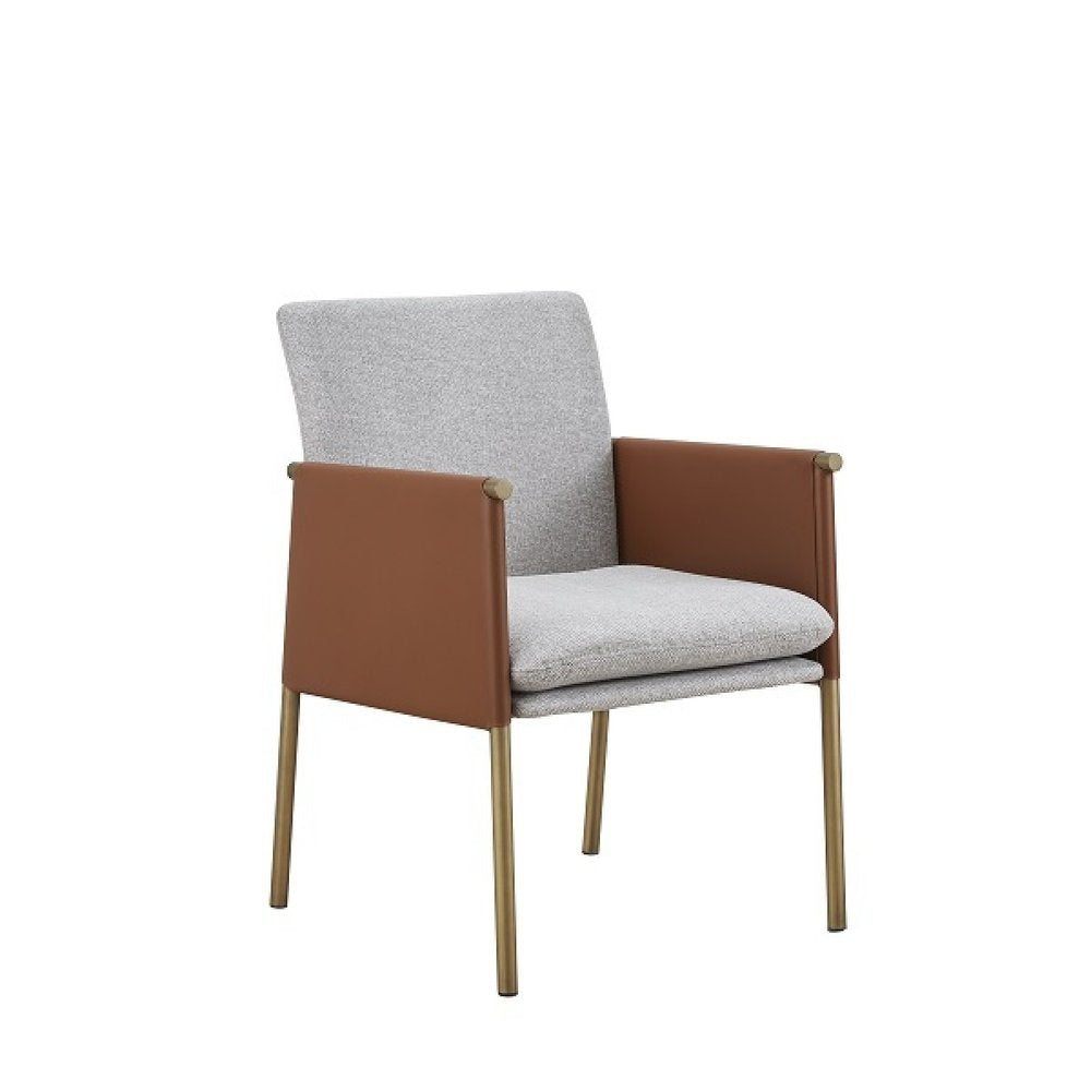 Light Gray and Antiqued Brass Upholstered Fabric Dining Arm Chair