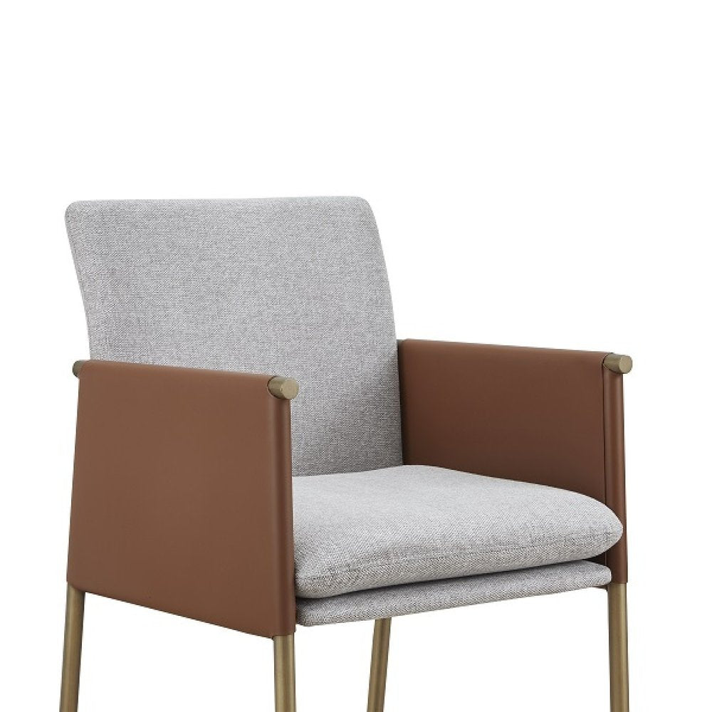 Light Gray and Antiqued Brass Upholstered Fabric Dining Arm Chair