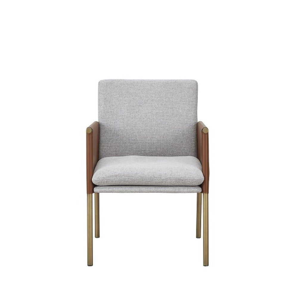 Light Gray and Antiqued Brass Upholstered Fabric Dining Arm Chair
