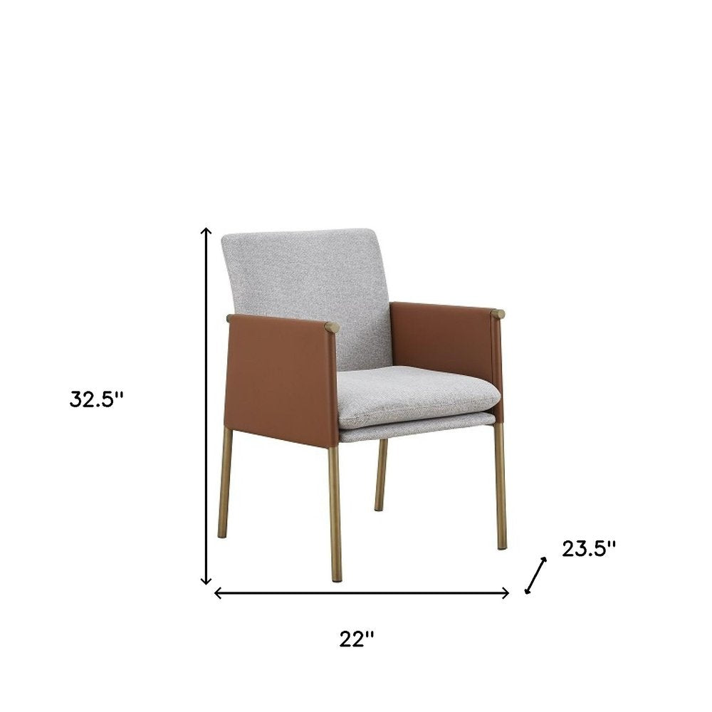 Light Gray and Antiqued Brass Upholstered Fabric Dining Arm Chair