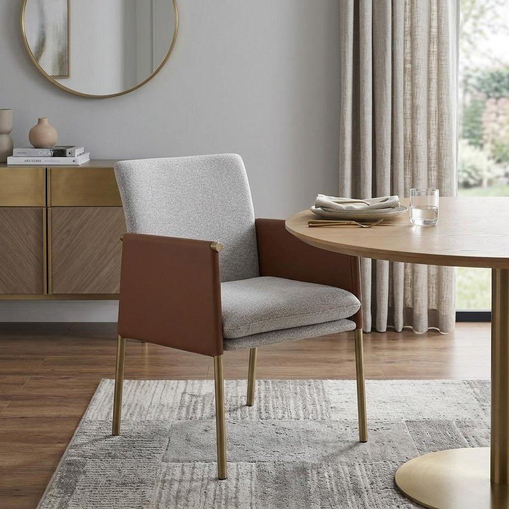 Light Gray and Antiqued Brass Upholstered Fabric Dining Arm Chair