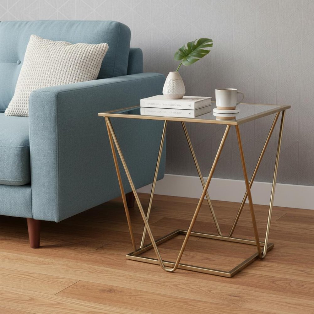 Champagne and Silver Glass and Metal Square Mirrored End Table