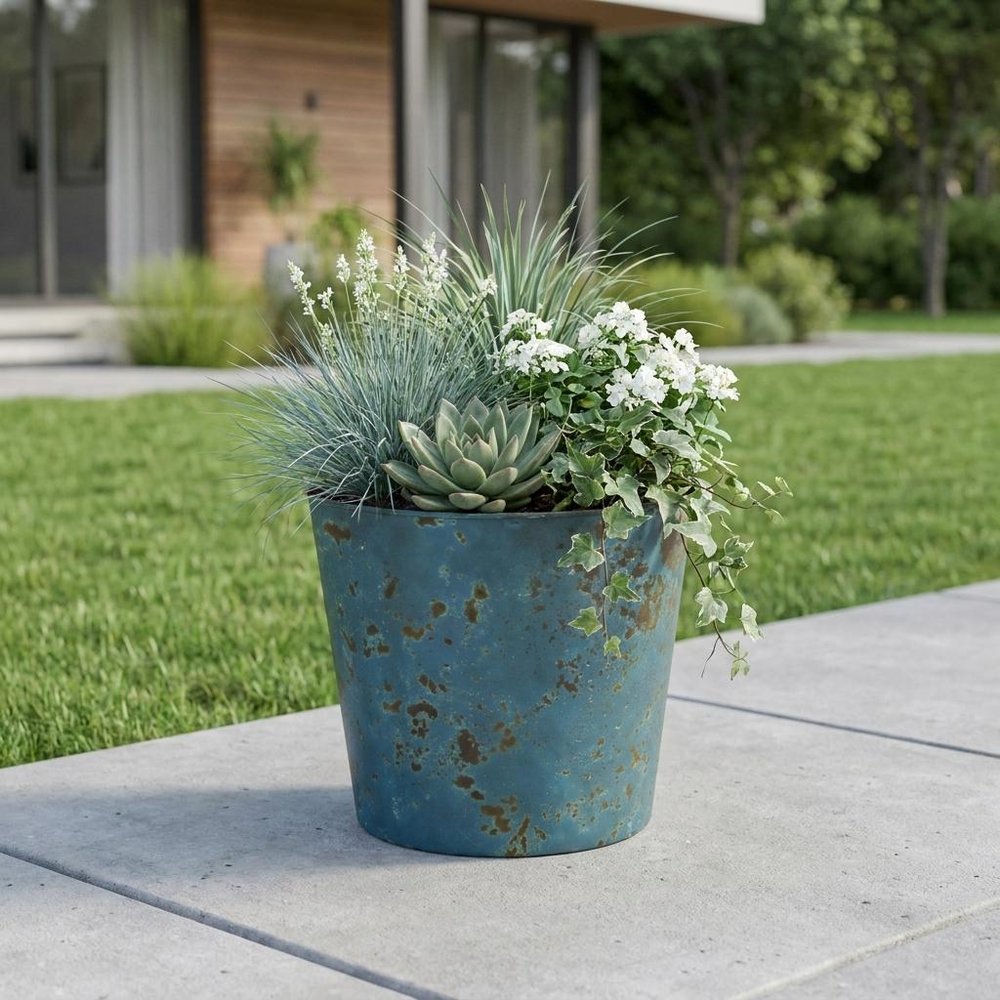 Blue Recycled Plastic Indoor Outdoor Round Pot Planter - 9-inch