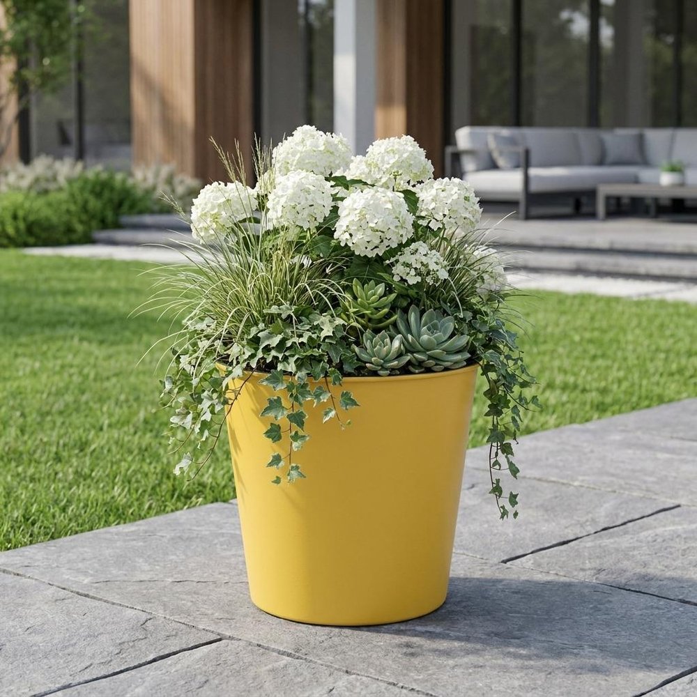 Yellow Recycled Plastic Indoor Outdoor Round Pot Planter - 7-inch