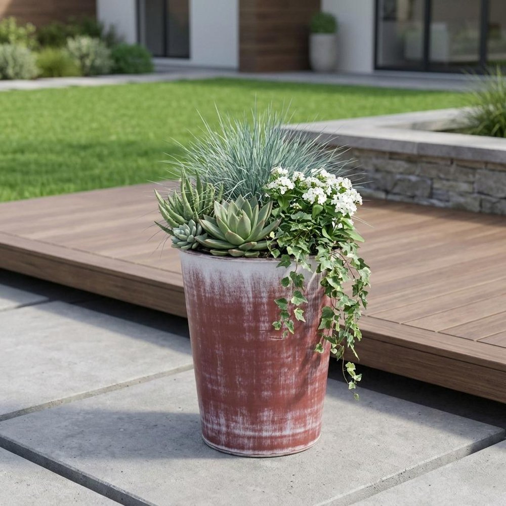 Brown and Ivory Textural Tone On Tone Recycled Plastic Indoor Outdoor Round Pot Planter