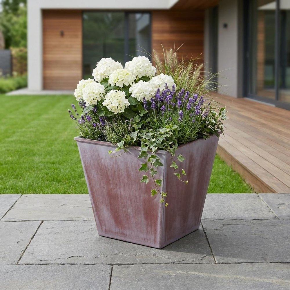 Brown and Off White Textural Tone On Tone Recycled Plastic Indoor Outdoor Square Pot Planter