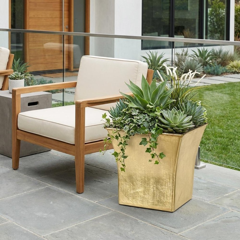 Gold Recycled Plastic Indoor Outdoor Square Pot Planter - 7-inch