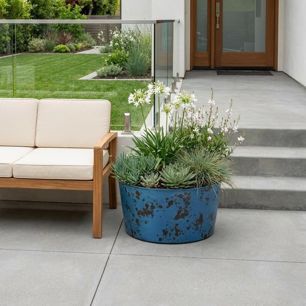 Blue Recycled Plastic Indoor Outdoor Round Pot Planter - 12-inch
