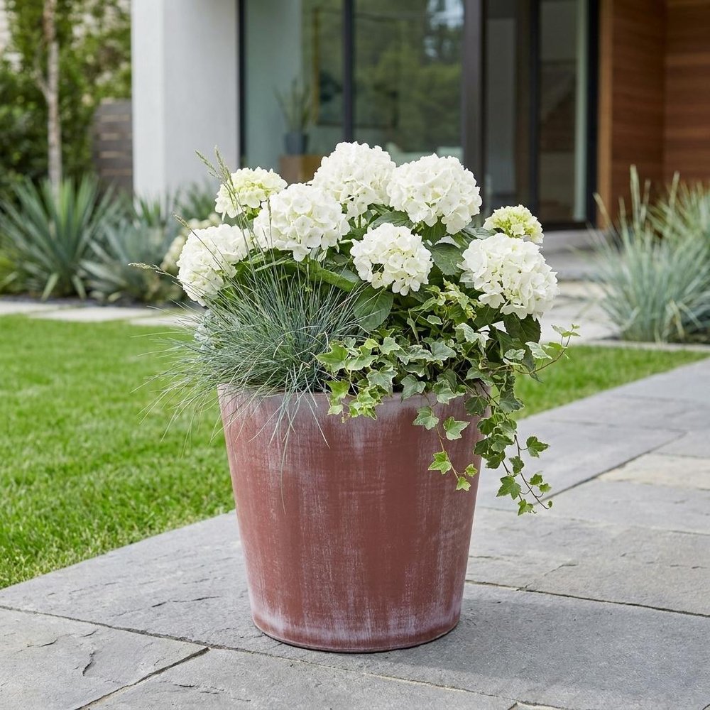 Brown and Off White Textural Tone On Tone Recycled Plastic Indoor Outdoor Round Pot Planter