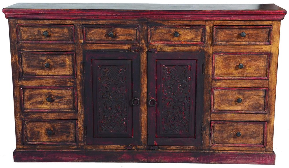 Brown and Red Distressed Solid Wood Carved Scrollwork Ten Drawer Buffet Table with Two Doors