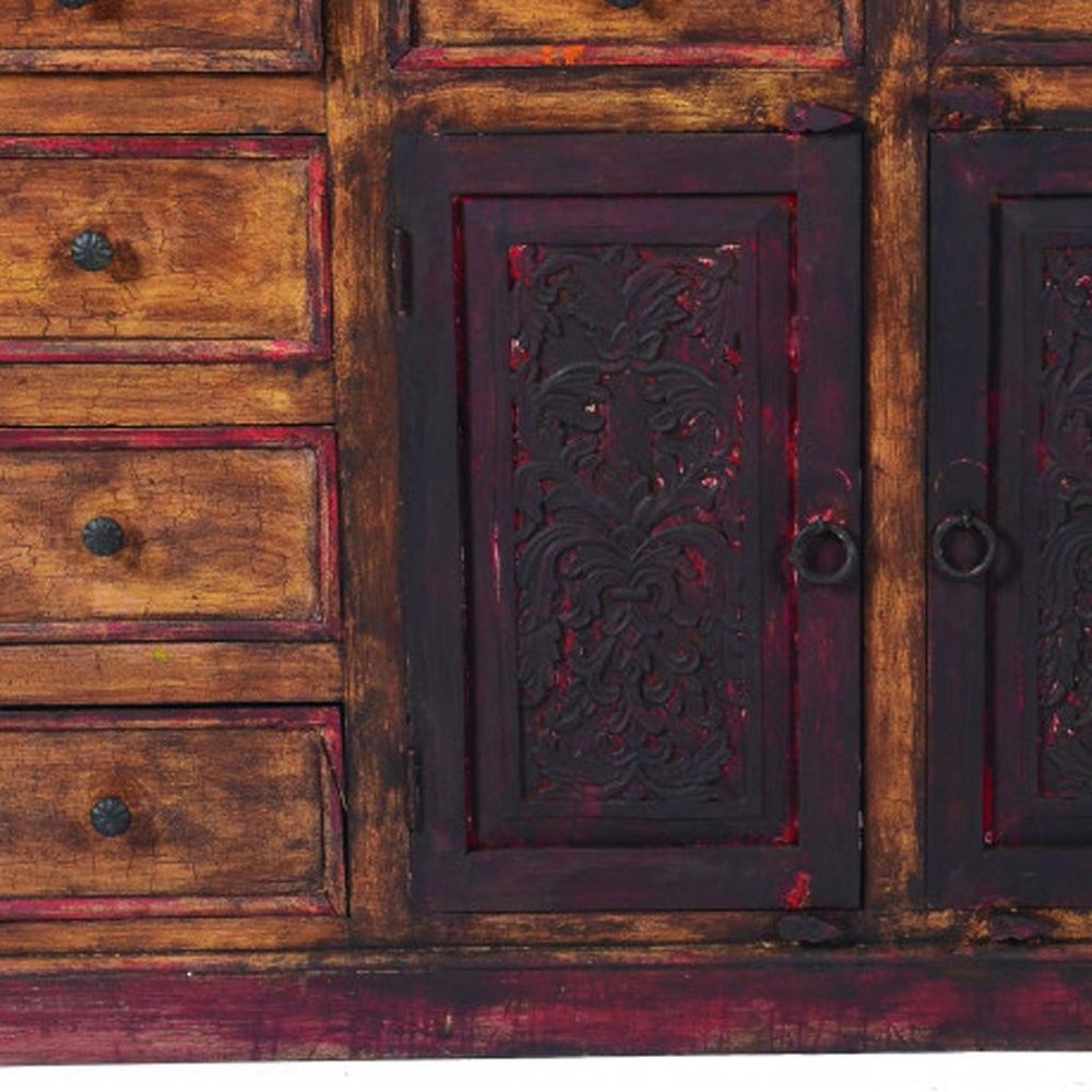 Brown and Red Distressed Solid Wood Carved Scrollwork Ten Drawer Buffet Table with Two Doors