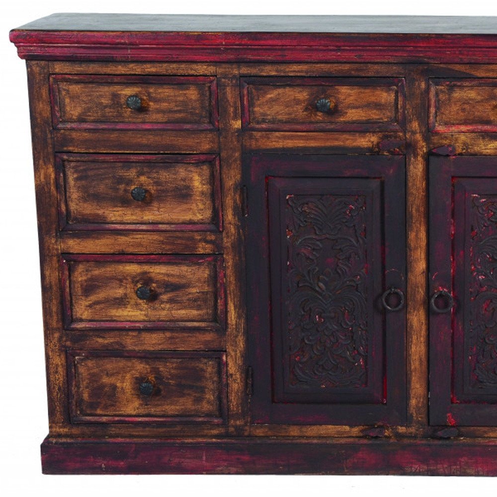 Brown and Red Distressed Solid Wood Carved Scrollwork Ten Drawer Buffet Table with Two Doors