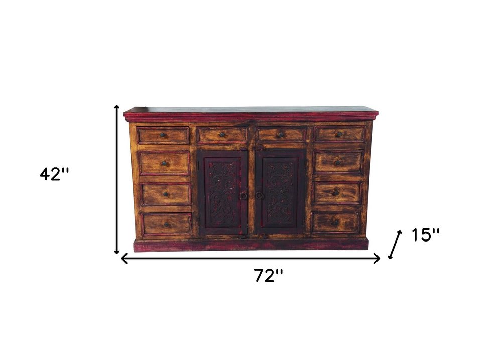 Brown and Red Distressed Solid Wood Carved Scrollwork Ten Drawer Buffet Table with Two Doors