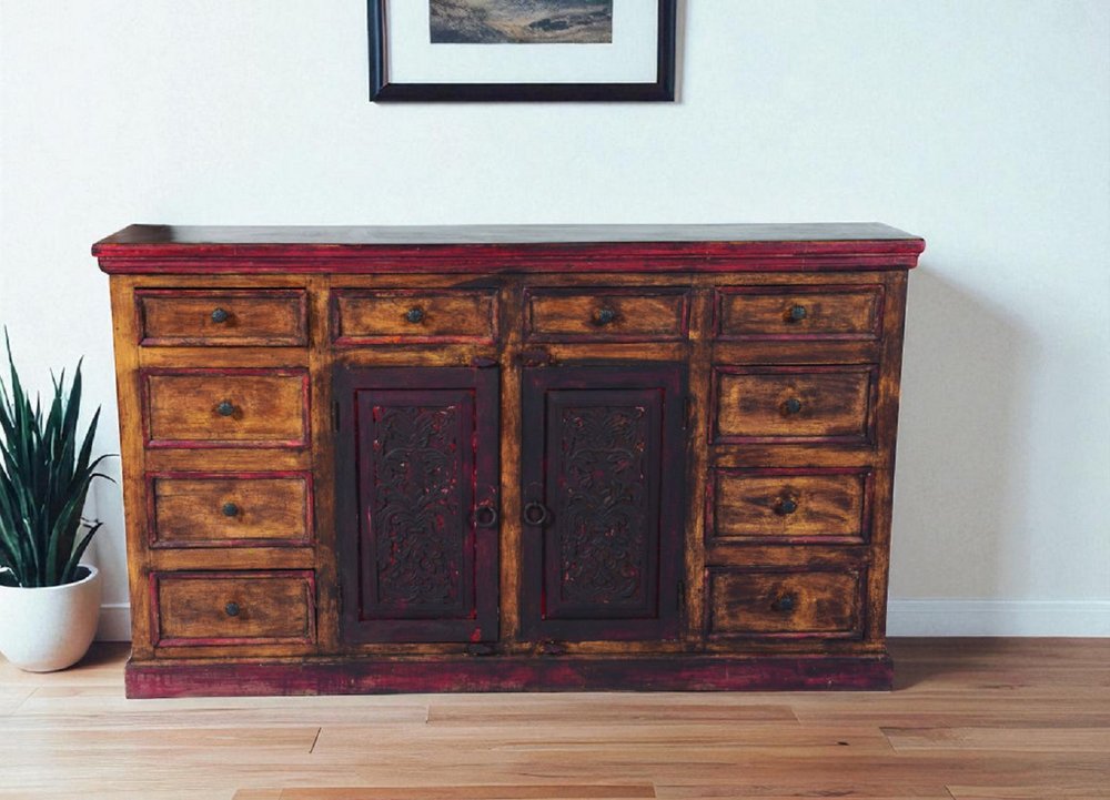 Brown and Red Distressed Solid Wood Carved Scrollwork Ten Drawer Buffet Table with Two Doors