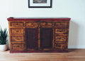 Brown and Red Distressed Solid Wood Carved Scrollwork Ten Drawer Buffet Table with Two Doors
