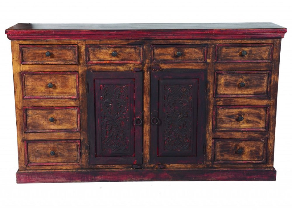Brown and Red Distressed Solid Wood Carved Scrollwork Ten Drawer Buffet Table with Two Doors