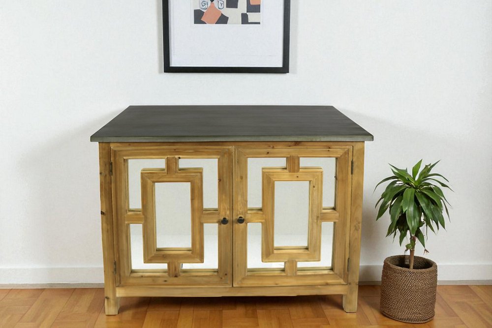 Brown and Gray Solid Wood Carved Geometric Sideboard with Two Doors - 45-inch