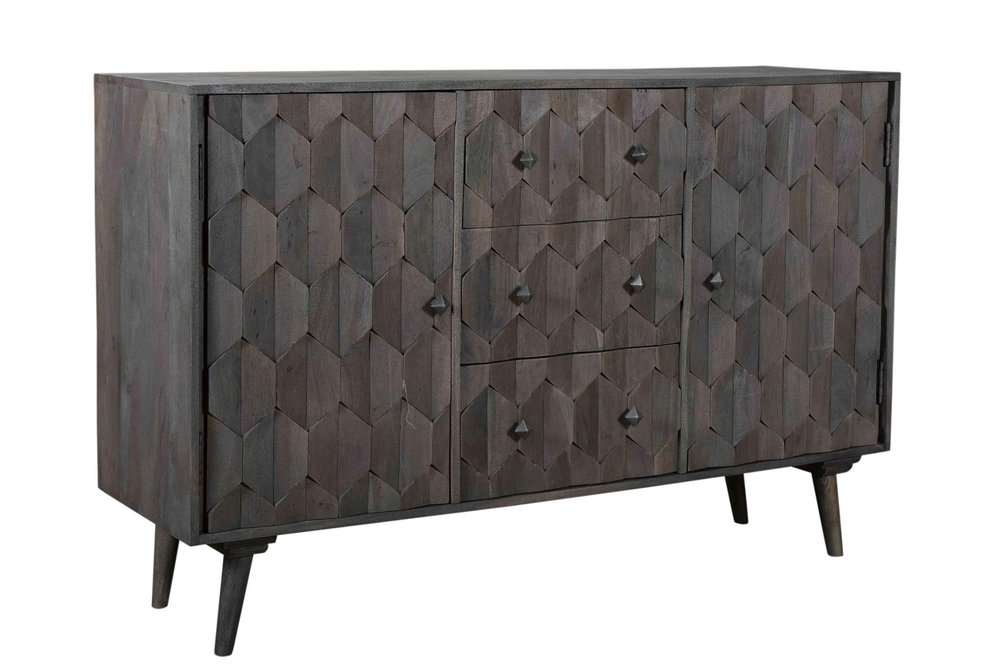 Dark Gray Distressed Solid Wood Carved Geometric Three Drawer Sideboard with Two Doors