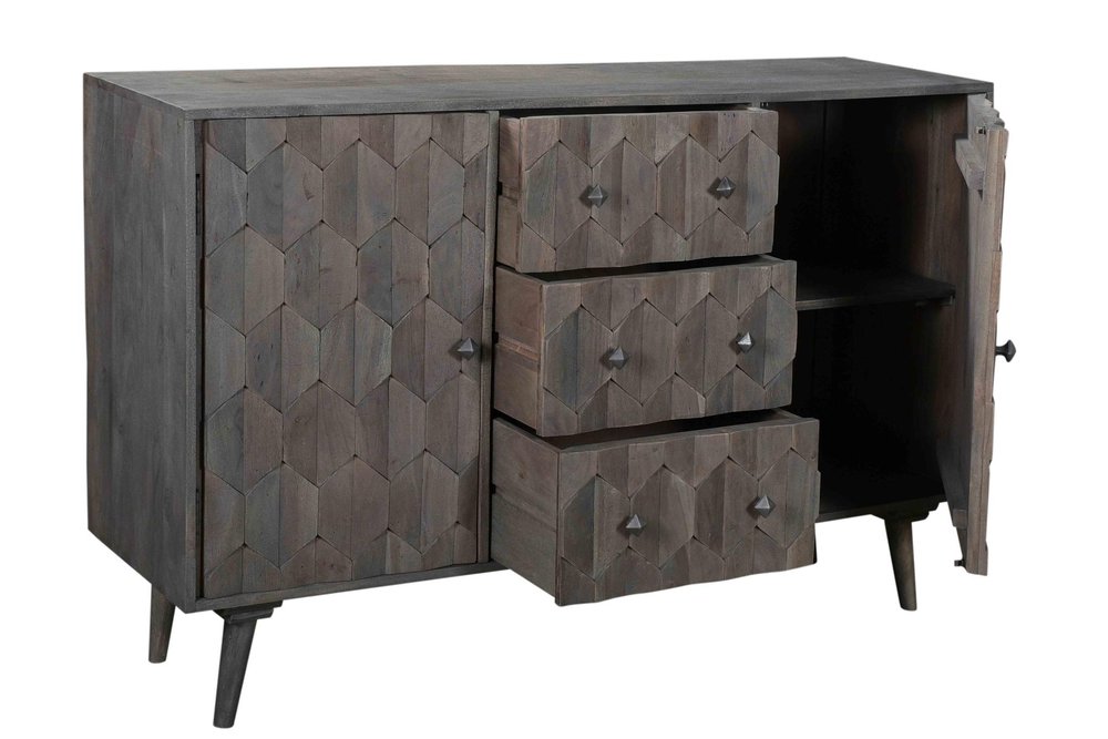 Dark Gray Distressed Solid Wood Carved Geometric Three Drawer Sideboard with Two Doors