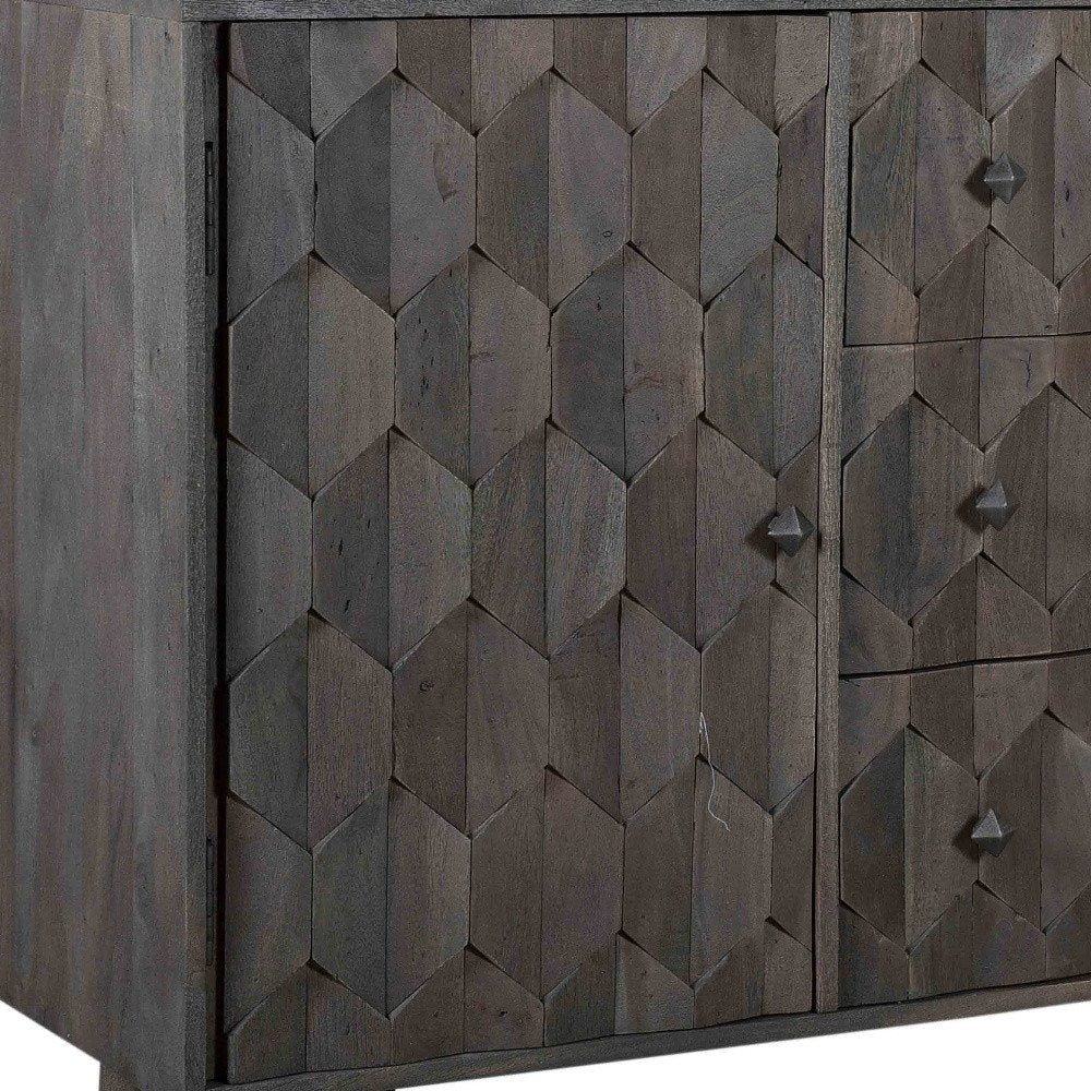 Dark Gray Distressed Solid Wood Carved Geometric Three Drawer Sideboard with Two Doors
