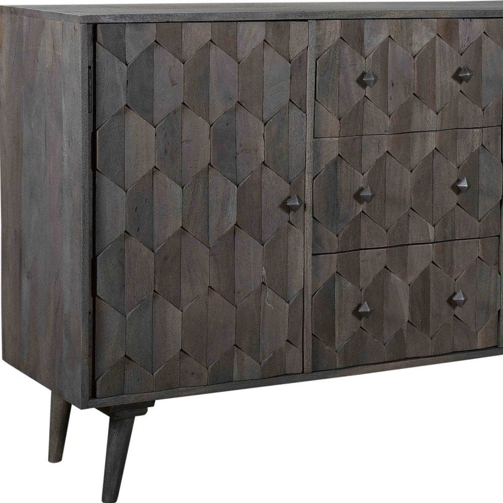 Dark Gray Distressed Solid Wood Carved Geometric Three Drawer Sideboard with Two Doors