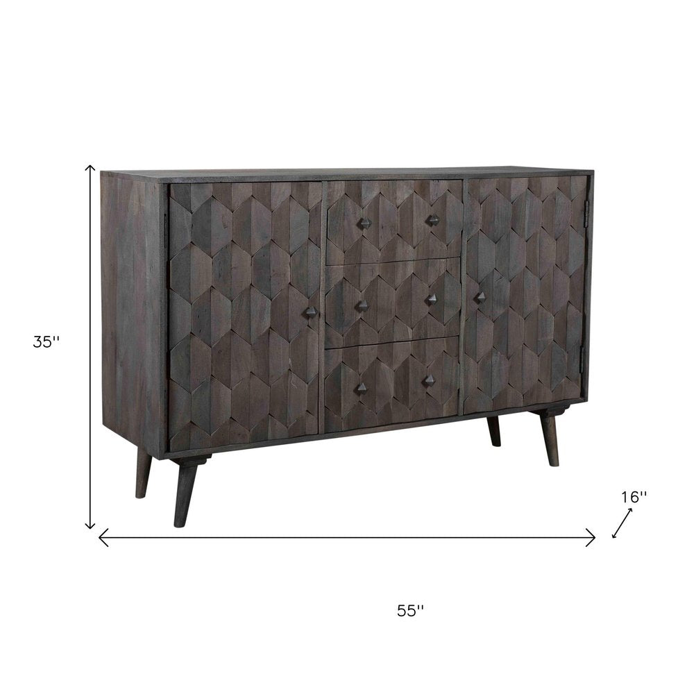 Dark Gray Distressed Solid Wood Carved Geometric Three Drawer Sideboard with Two Doors