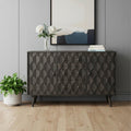 Dark Gray Distressed Solid Wood Carved Geometric Three Drawer Sideboard with Two Doors