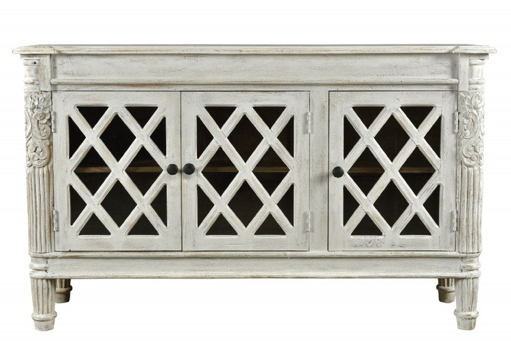 White Distressed Solid Wood Carved Scrollwork Sideboard with Three Glass Doors