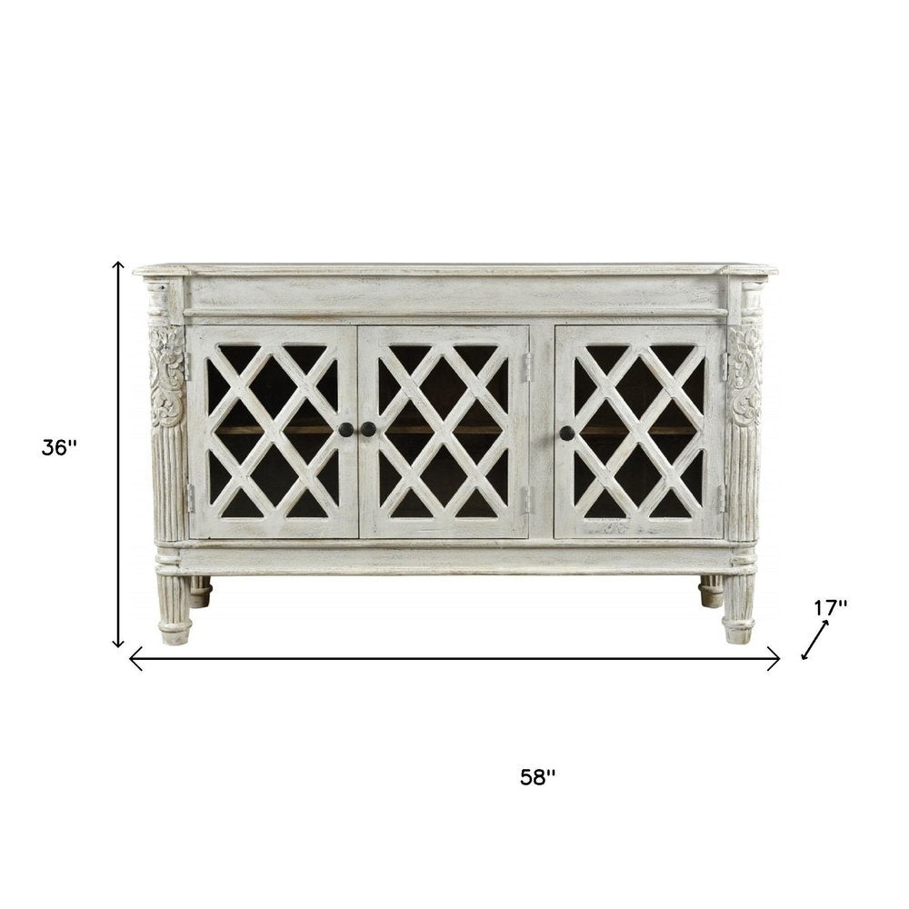White Distressed Solid Wood Carved Scrollwork Sideboard with Three Glass Doors