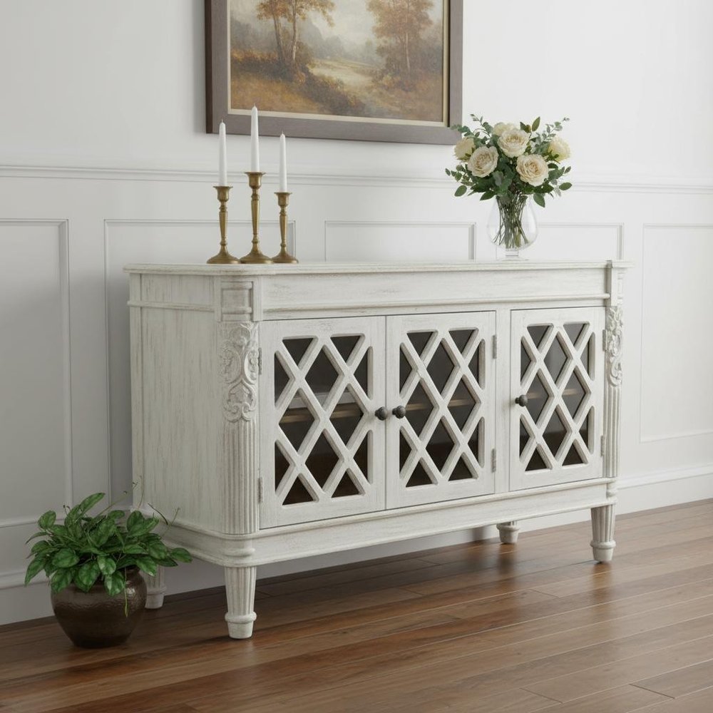 White Distressed Solid Wood Carved Scrollwork Sideboard with Three Glass Doors