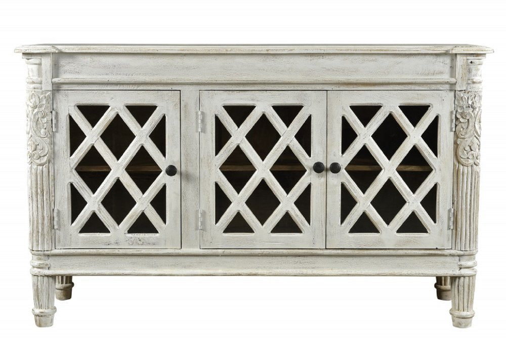 White Distressed Solid Wood Carved Scrollwork Sideboard with Three Glass Doors