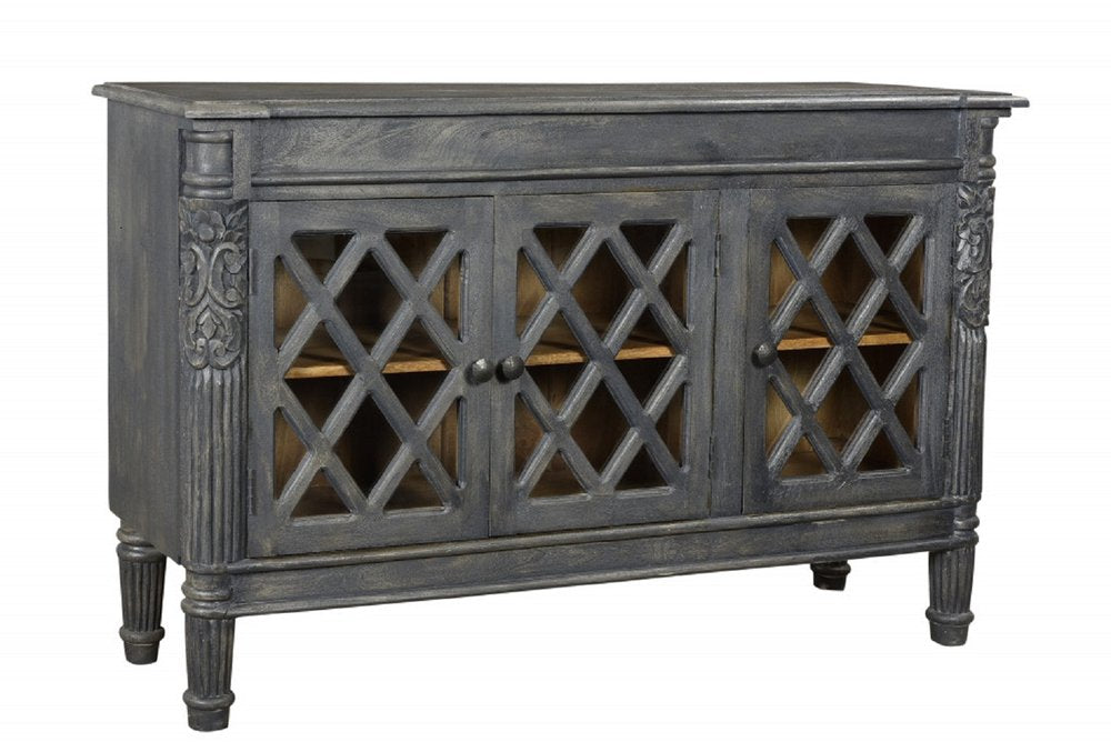 Dark Gray Distressed Solid Wood Carved Scrollwork Sideboard with Three Glass Doors