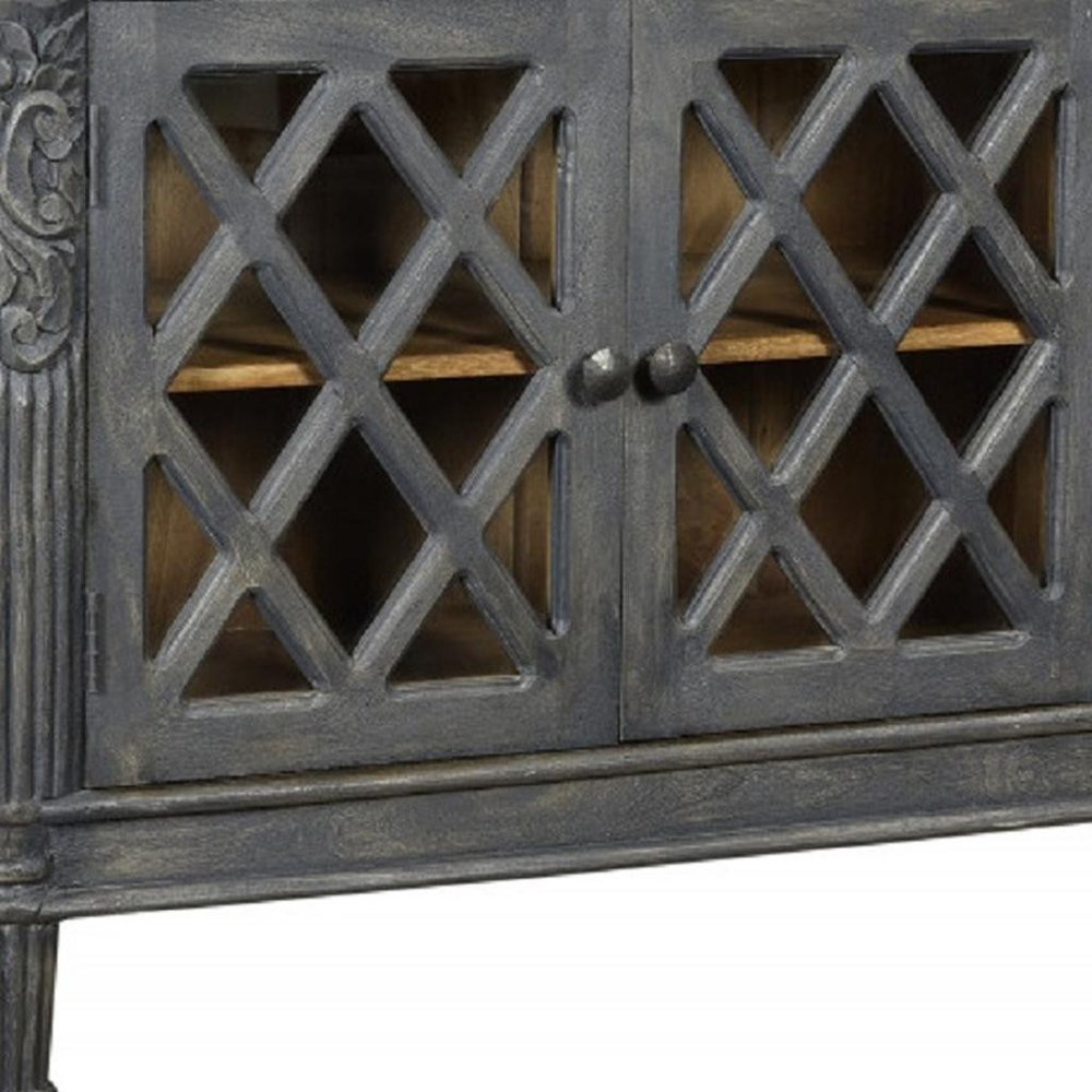 Dark Gray Distressed Solid Wood Carved Scrollwork Sideboard with Three Glass Doors