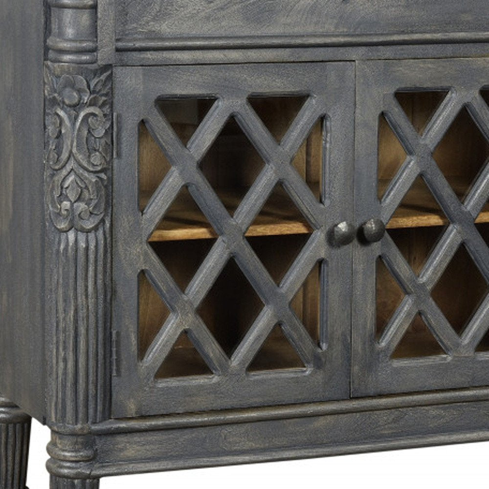 Dark Gray Distressed Solid Wood Carved Scrollwork Sideboard with Three Glass Doors