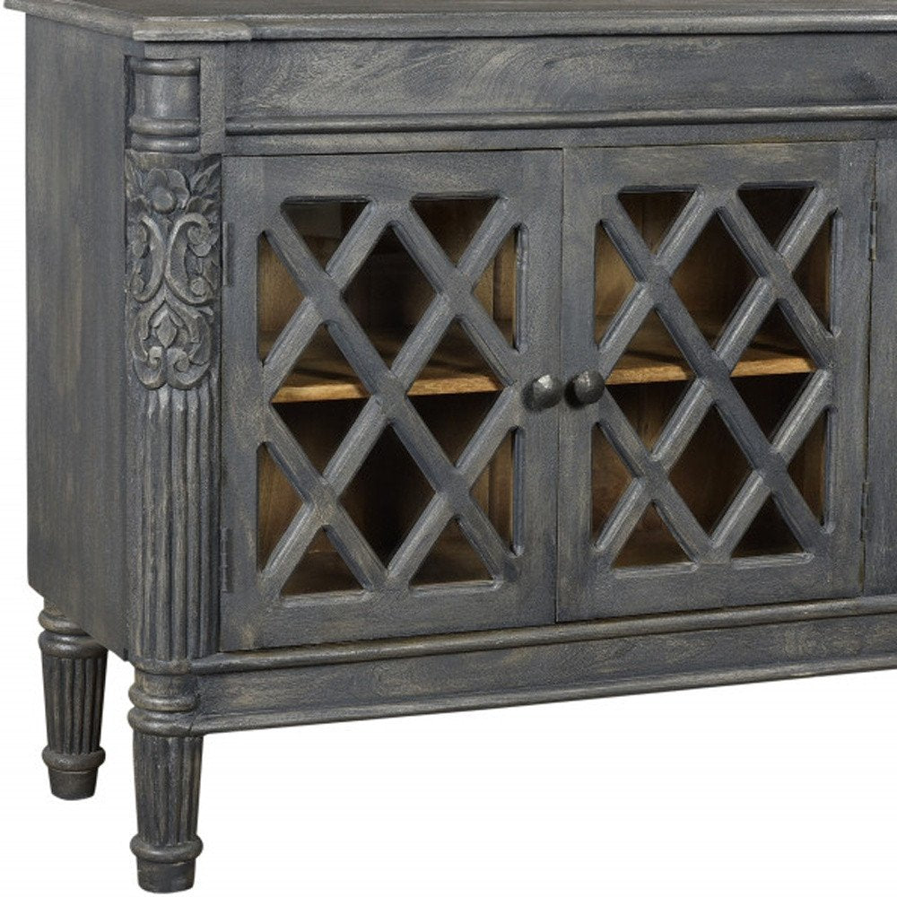 Dark Gray Distressed Solid Wood Carved Scrollwork Sideboard with Three Glass Doors