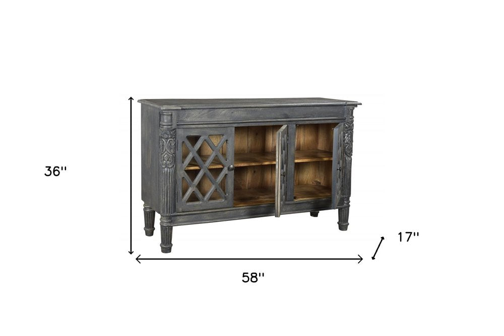 Dark Gray Distressed Solid Wood Carved Scrollwork Sideboard with Three Glass Doors