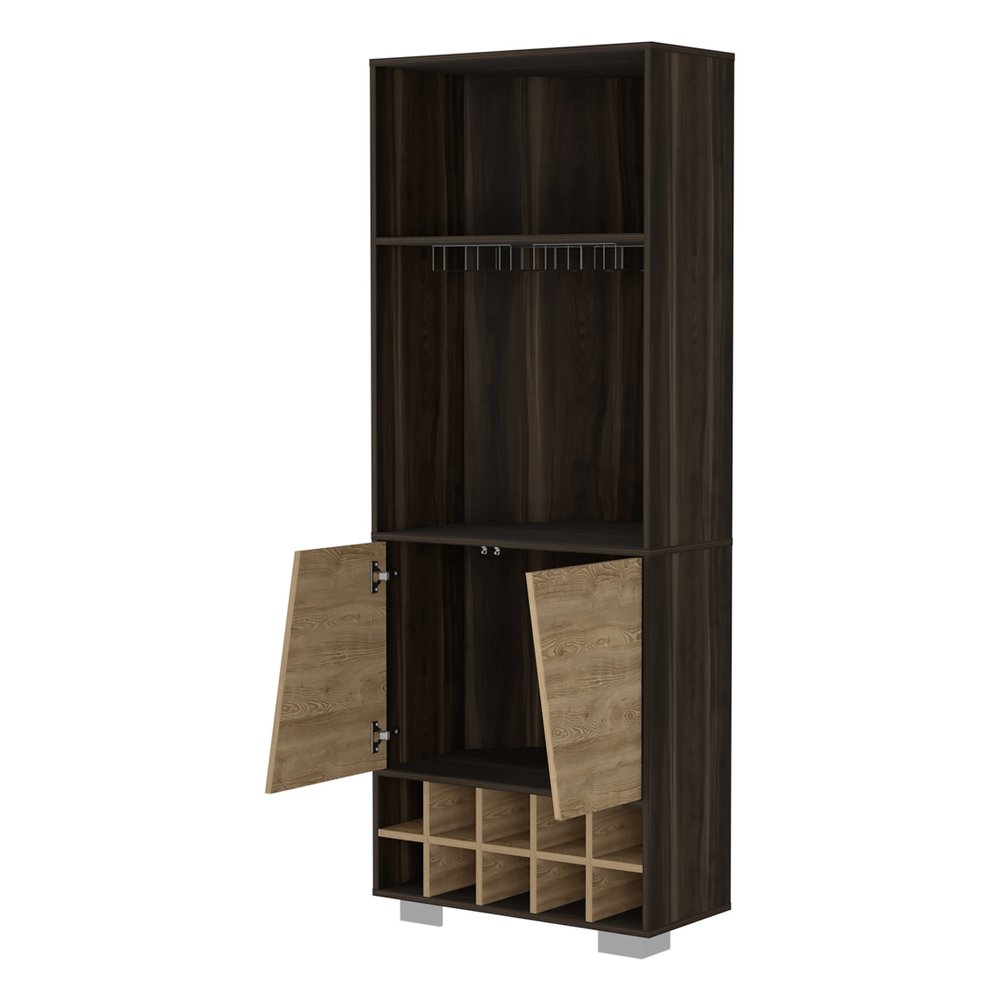 Dark Brown Corner Bar Cabinet with Multiple Shelves - 27-inch