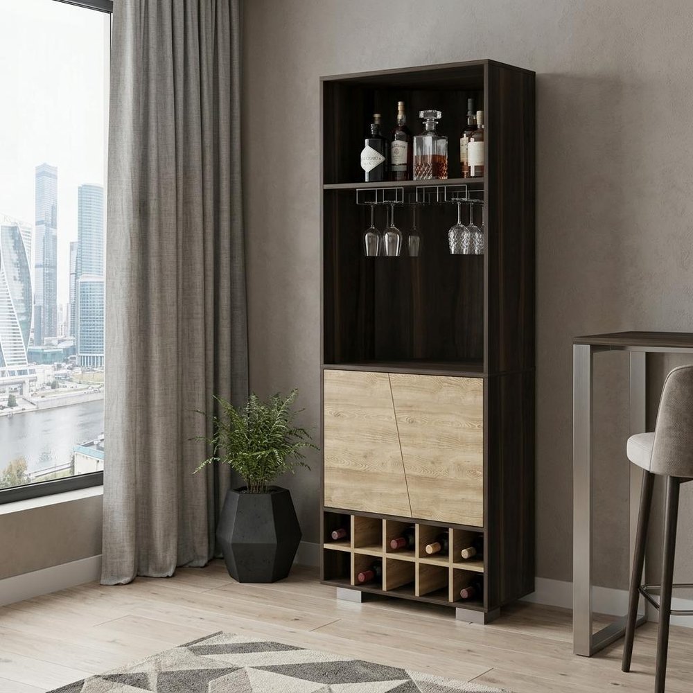 Dark Brown Corner Bar Cabinet with Multiple Shelves - 27-inch