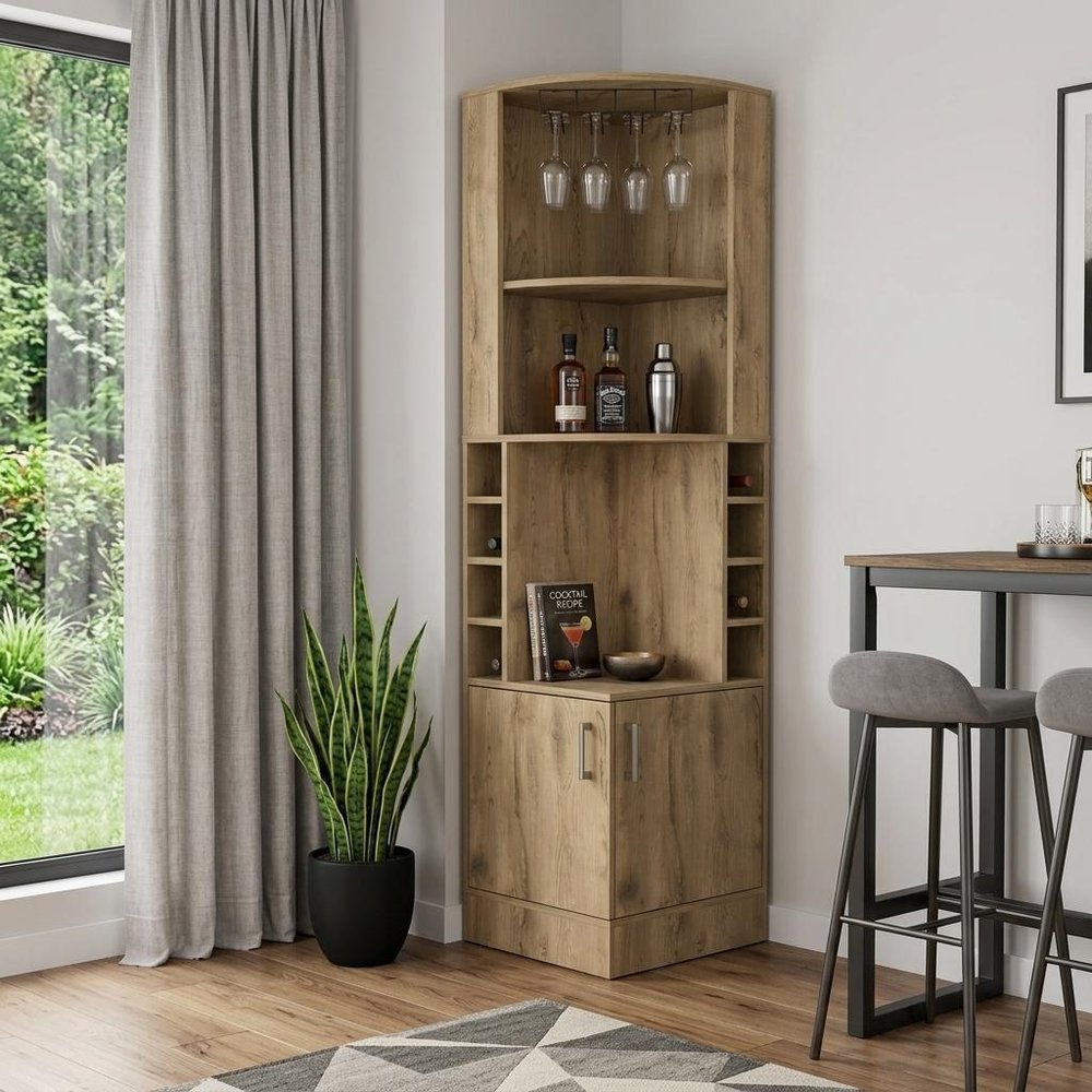 Natural Corner Bar Cabinet with Eleven Shelves - 18-inch