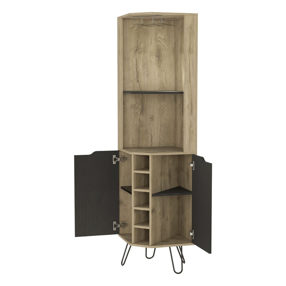 Brown and Black and Brown Corner Bar Cabinet with Eleven Shelves - 18-inch