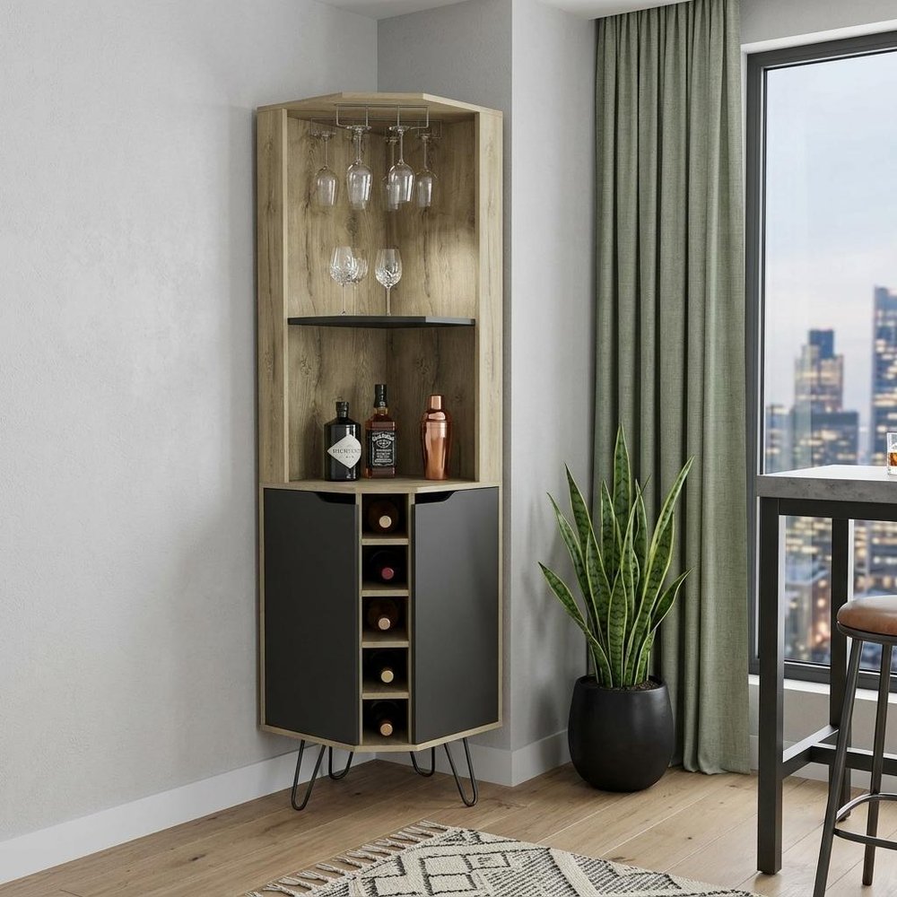 Brown and Black and Brown Corner Bar Cabinet with Eleven Shelves - 18-inch
