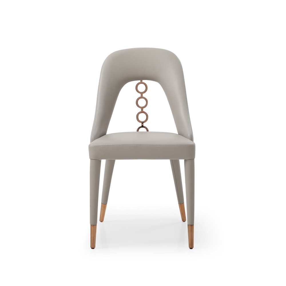 Set of Two Light Gray Faux Leather Dining Side Chairs with Rose Gold Accents