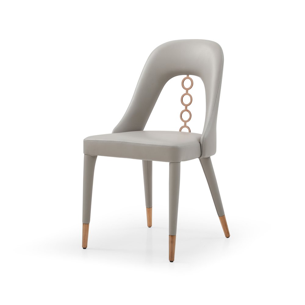 Set of Two Light Gray Faux Leather Dining Side Chairs with Rose Gold Accents