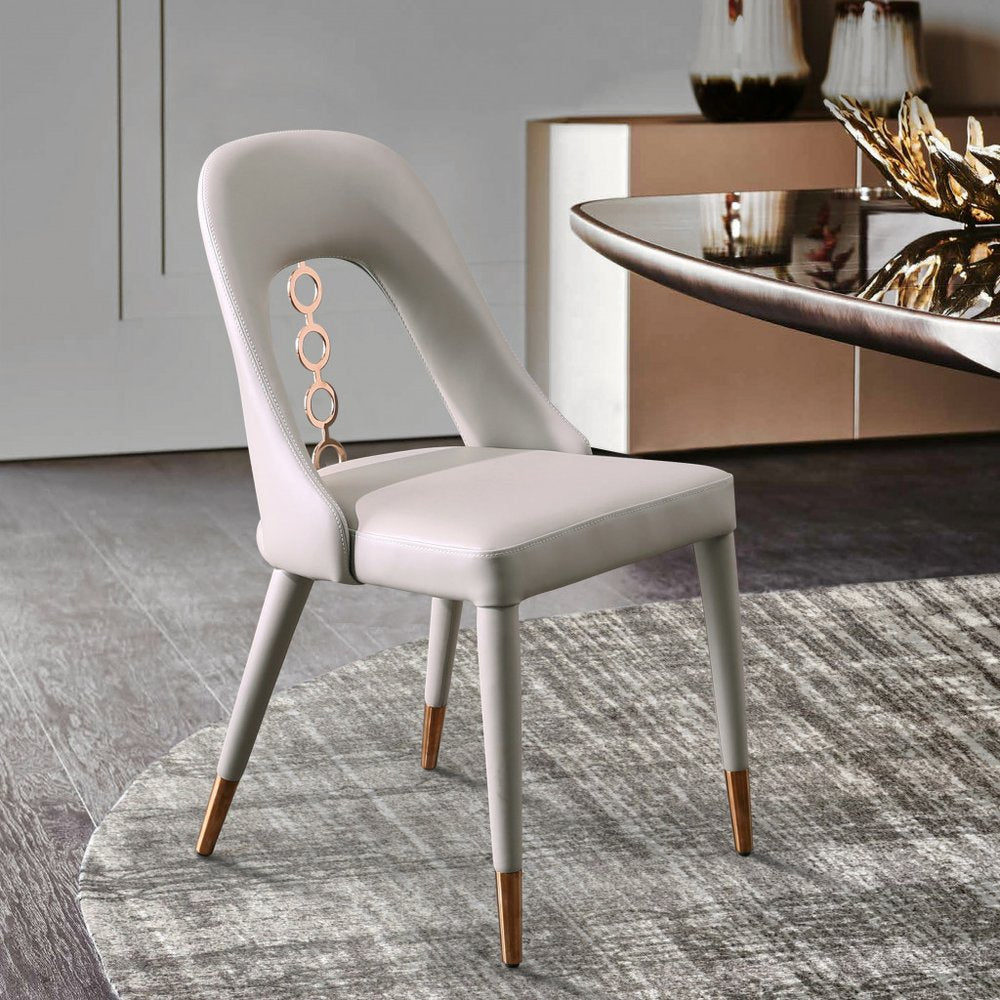 Set of Two Light Gray Faux Leather Dining Side Chairs with Rose Gold Accents