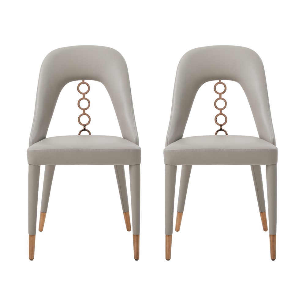 Set of Two Light Gray Faux Leather Dining Side Chairs with Rose Gold Accents