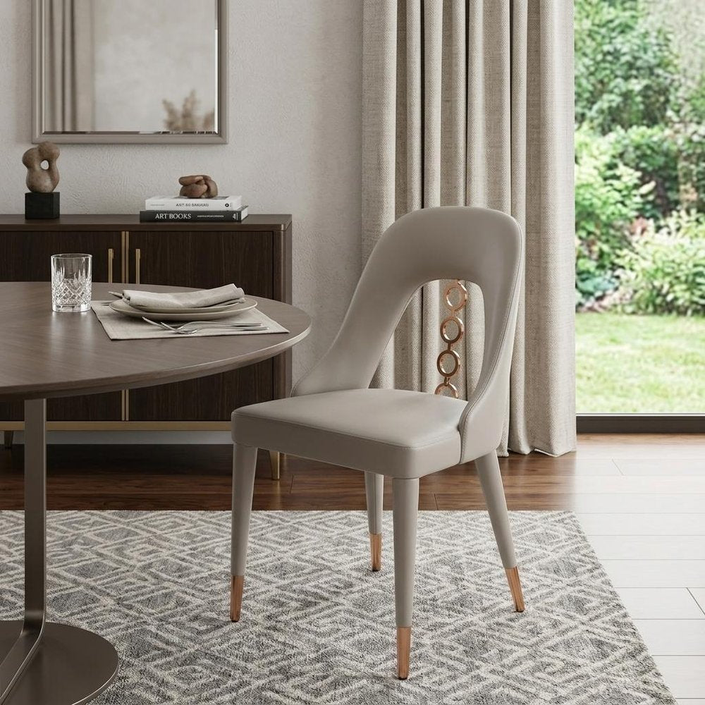 Set of Two Light Gray Faux Leather Dining Side Chairs with Rose Gold Accents