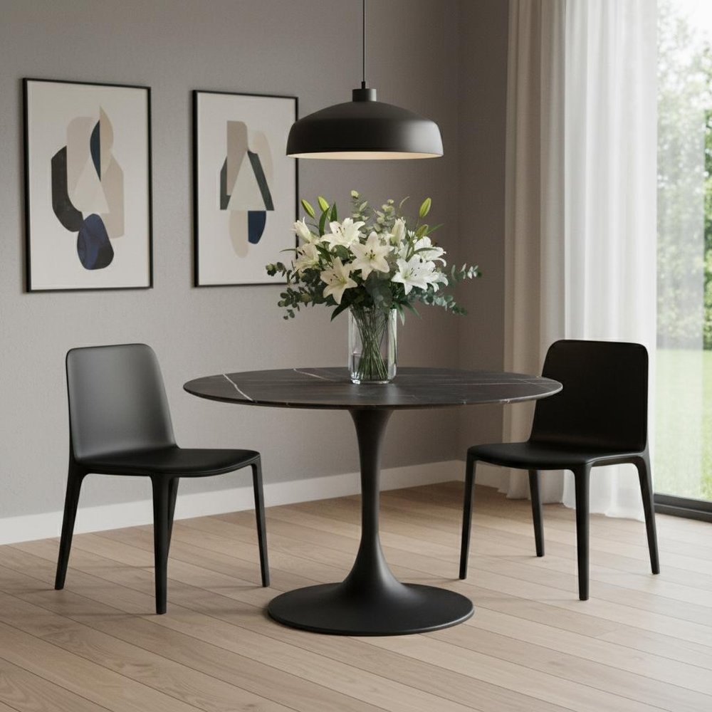 Black Rounded Ceramic and Metal Pedestal Base Dining Table - 47-inch